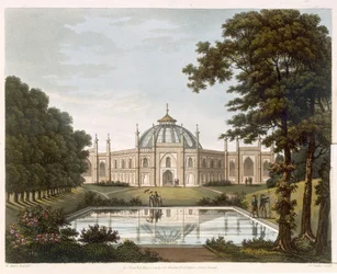 Brighton Pavilion: Vorgeschlagene Ansicht des Gartens mit einem Teil des Brighton Pavilion im Hintergrund, graviert von J. C. Stadler, ca. 1816